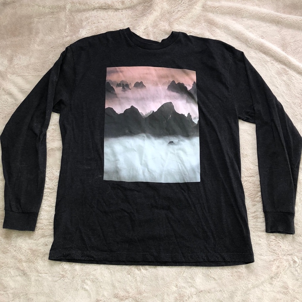 Long sleeve charcoal black graphic shirt sunset